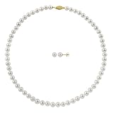 6.5-7.0mm, White Akoya Pearl Necklace and Stud Earring Set in 14k Yellow Gold in Gift Box