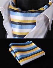 Pixel Handkerchief - Yellow Blue Stripe Silk Cravat Scarves Ascot Tie Hanky Handkerchief Set