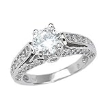 Sterling Silver Solitaire Engament Ring With Round Cubic Zirconia in Four Prong Setting and Sidestones in Channel Setting