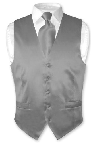 Biagio Men's Solid CHARCOAL GREY SILK Dress Vest NeckTie Set for Suit or Tuxedo