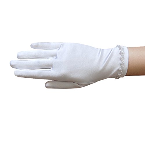 Girl's Satin Gloves with Faux Pearl Beads Accent Trim Around the Wrist