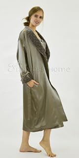 Silk Long Robe and Matching Long Slip Set with Velvet Accents - Mushroom