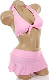 Sexy Bathing Suit Light Pink Rhinestone Heart Halter Top Bikini Swimsuit 3pc with Matching Skirt Set