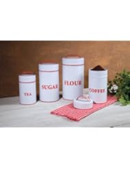 Kitchen: Vintage Red and White Enamelware Canister Set of 4 Food Safe Flour Sugar Coffee Tea - OWI