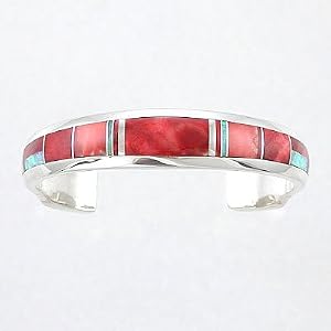 Southwest Spiny Oyster and Opal Inlaid Cuff Bracelet in Sterling Silver by Native American Indian Artist Larry Chavez, #7764