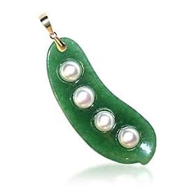 Enchanting Solid 14 KT Yellow Gold & Green Jade Snow Peas Pendant 14K Charm