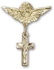 14K Gold Baby Badge with Crucifix Charm and Angel with Wings Badge Pin