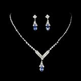 Silver Blue Rhinestone Crystal Drop Bridal Wedding Necklace Earring Set