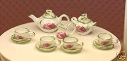Dollhouse Miniature Green and Pink Roses on Porcelain Tea Set