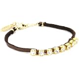 Ettika Gold Colored Crystal Chain and Brown Deerskin Leather Bracelet