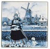 1 Tile -Ter Steege Delft Blue Color Tile Holland Volendam Girl with Tulips field Landscape) Size 6"x6" /15cm x 15cm