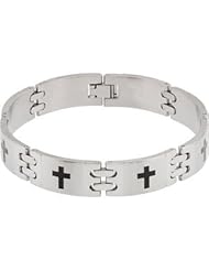 Stainless Steel Link Bracelet with Cross 08.50 Inch Black Laser B5094cr