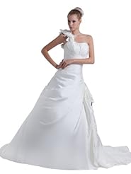  Satin Spring Fall Winter Asymmetric Ruched Pleated Floral Print One Shoulder  Ball Gown Wedding Dress  with a Court Train 