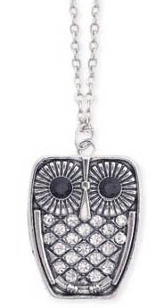 ZAD Small Crystal Covered Owl Charm Necklace Antique Silver Tone Chain