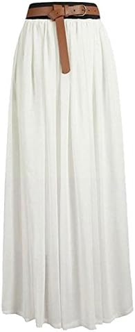 Promithi Women's Vintage Pleated Long Chiffon Maxi Boho Beach Skirt Dress (B-white)