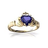 14K Yellow Gold Heart Created Sapphire Celtic Claddagh Ring