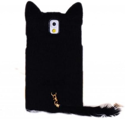 DE New Fashion Cartoon Animal Series Black With Fluffy Plush Tail Fur Ear Cat Style Plush + TPU Soft Case Cover Shell Compatible for Samsung Galaxy Note 3 III N9000