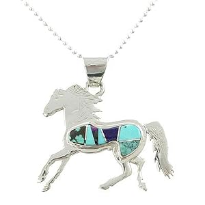 Southwestern Turquoise and Lapis Inlaid Horse Pendant in Sterling Silver by Native American Indian Artist Calvin Begay on 20" Sterling Bead Chain , #7783