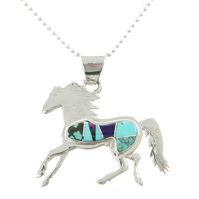 Southwestern Turquoise and Lapis Inlaid Horse Pendant in Sterling Silver by Native American Indian Artist Calvin Begay on 20" Sterling Bead Chain , #7783