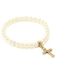 1928 Jewelry Gold with Cross Pearl Beaded Stretch Bracelet