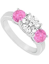 Three Stone Pink Sapphire and Diamond Ring 14K White Gold - 1.50 CT TGW