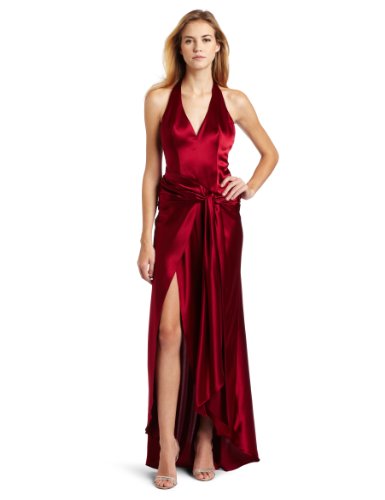 ABS Allen Schwartz Women's Halter Gown With Drop Waist Sash Dress, Crimson, 8