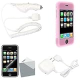 Apple iPhone 1st Gen (NOT for iPhone 3G) PDA Accessory Bundle Kit - Rapid Home Travel + Car Charger with Ic Chip + Pink Silicon Skin Case With Armband + Premium Reusable Screen Protector with Lint Cleaning Cloth By Ikross