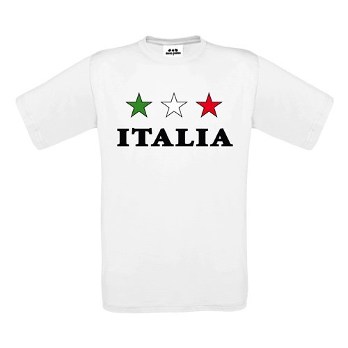 Italia Kids – Kinder T-Shirt – Italia Schriftzug mit 3 Sternen Grün-Weiß-Rot – Textil white / Motiv farbig Gr. 98/104