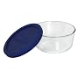 Pyrex Storage 4-Cup Round Dish with Dark Blue Plastic Cover, Clear