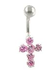 378P Belly Button Ring - Surgical Steel Cross Crucifix with 6 Pink Sparkling Crystal-like Inserts