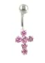 378P Belly Button Ring - Surgical Steel Cross Crucifix with 6 Pink Sparkling Crystal-like Inserts