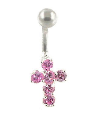 378P Belly Button Ring - Surgical Steel Cross Crucifix with 6 Pink Sparkling Crystal-like Inserts