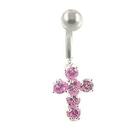 378P Belly Button Ring - Surgical Steel Cross Crucifix with 6 Pink Sparkling Crystal-like... by 
