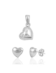 Heart and CZ Pendant Necklace and Earring Set in Sterling Silver
