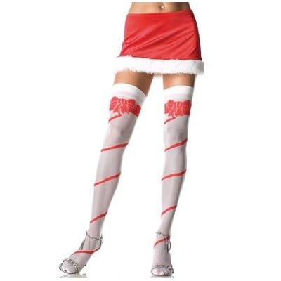 1505 Lycra Sheer Candy Cane Thigh Highs with Woven Bow and Stripes img
