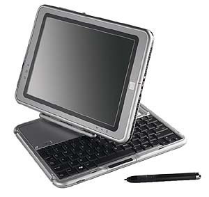 HP COMPAQ TABLET PC TC1100, INTEL PENTIUM M CENTRINO 1.1 MHZ, 512 MB RAM, 40 GB HD, DVD-ROM, NVIDIA GeForce4 420 Go, Integrated mini PCI 56K modem plus 10/100 NIC, Type III Mini PCI integrated WLAN - 802.11b WLAN, 802.11b/g WLAN, and 802.11a/b/g WLAN options, Integrated Bluetooth, Dedicated Secure Digital (SD) slot for removable media , 10.4 in TFT active matrix, Stylus digital pen, and case with lockbar, Microsoft Windows XP Tablet PC Edition