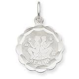 14k Gold White Gold Satin Polished Engraveable Gemini Zodiac Scalloped Disc Char