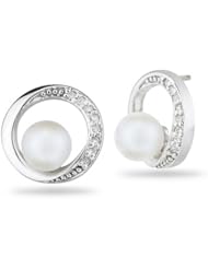 1/10 (0.09-0.12) Cts Diamond & 6 mm Pearl Circle Earrings in 14K White Gold