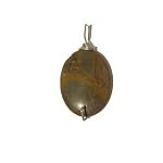 Chrysanthemum Stone Pendant 03 Brown Oval Silver Wire Wrap Crystal 2.1