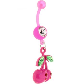 Bioplast Pink Jeweled Cherry Dangle Belly Ring