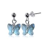 Kids Blue Butterfly Swarovski Crystal Sterling Silver 1 Long Post Drop Earrings