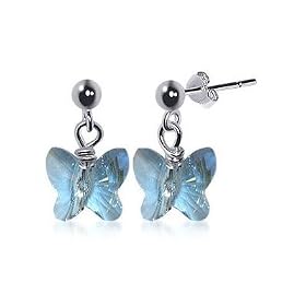 Kids Blue Butterfly Swarovski Crystal Sterling Silver 1" Long Post Drop Earrings