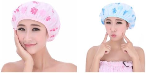 Stylish Design Large Printing Flower Multifunction Double Layer Soft Microfiber Lined Shower Cap Dry Hair Cap (1 Pink + 1 Blue)