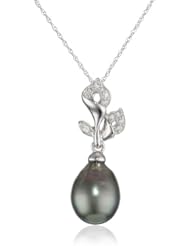 10k White Gold, Tahitian Cultured Pearl and Diamond Pendant Necklace (0.06 cttw, GH Color, I2-I3 Clarity), 17"