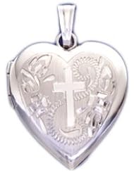14k White Gold 2 Photo Heart Locket with Cross Design