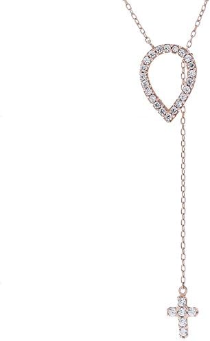 Reuell Pink Gold Plated Sterling Silver "Lael Pink" Cross Necklace with Cubic Zirconia