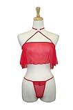 Exposed By Magic Silk Sheer Mesh Crop Top And Ruffled G-string, Red, Large/Xlarge