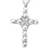 Sterling Silver Rhodium Plated Necklace with Cubic Zirconia and White Fresh Water Pearls Cross Pendant.