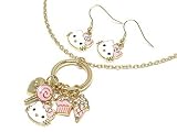 Gold Crystal Hello Kitty Ice Cream Necklace Earrings Jewelry
