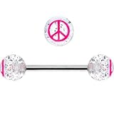 Clear Glitter Pink Peace Sign Barbell Tongue Ring